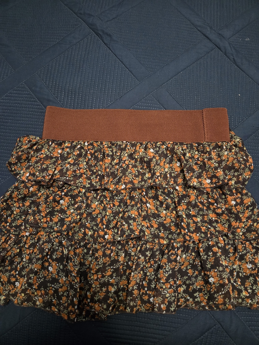 Tiered Floral Mini Skirt with Rust Elastic Waistband